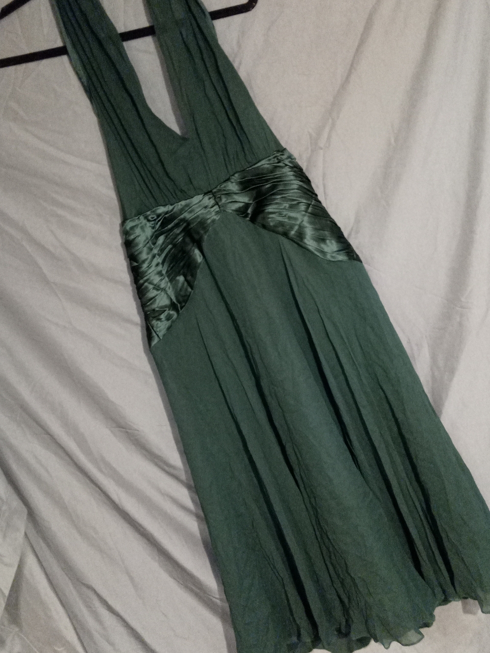 Vintage 2005 Maggy London Green Halter Evening Dress with Satin Waist